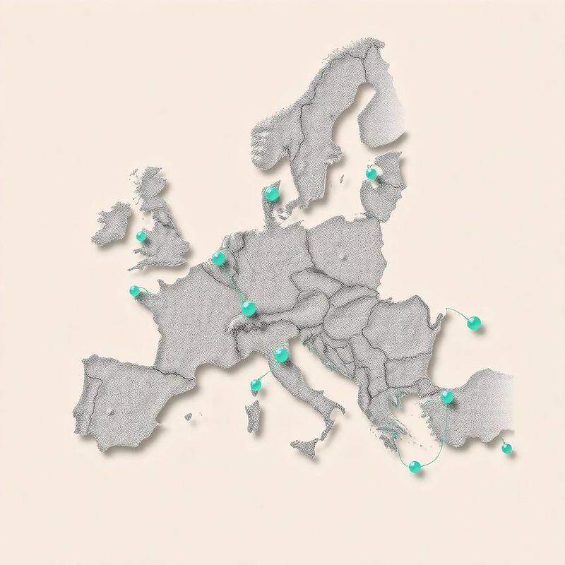 Abstraktná mapa stredoeurópskej partnerskej siete v kameňovo-mätových tónoch